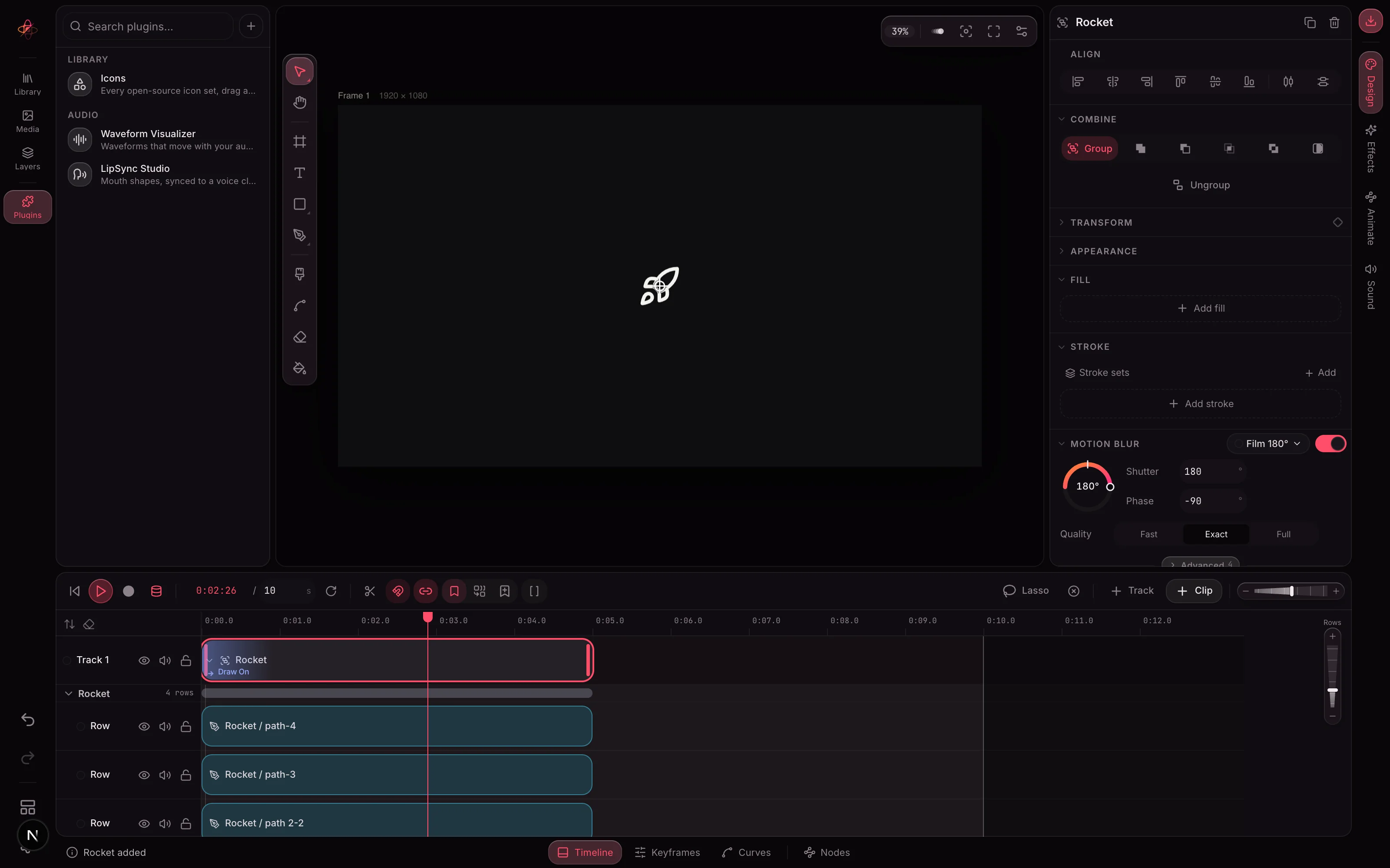 The AtomCut studio: a Lucide rocket icon on a 1920×1080 frame, the Plugins panel on the left listing Icons, Waveform Visualizer and LipSync Studio, the inspector on the right, and the timeline below showing the Rocket group on Track 1 with its four path layers as rows