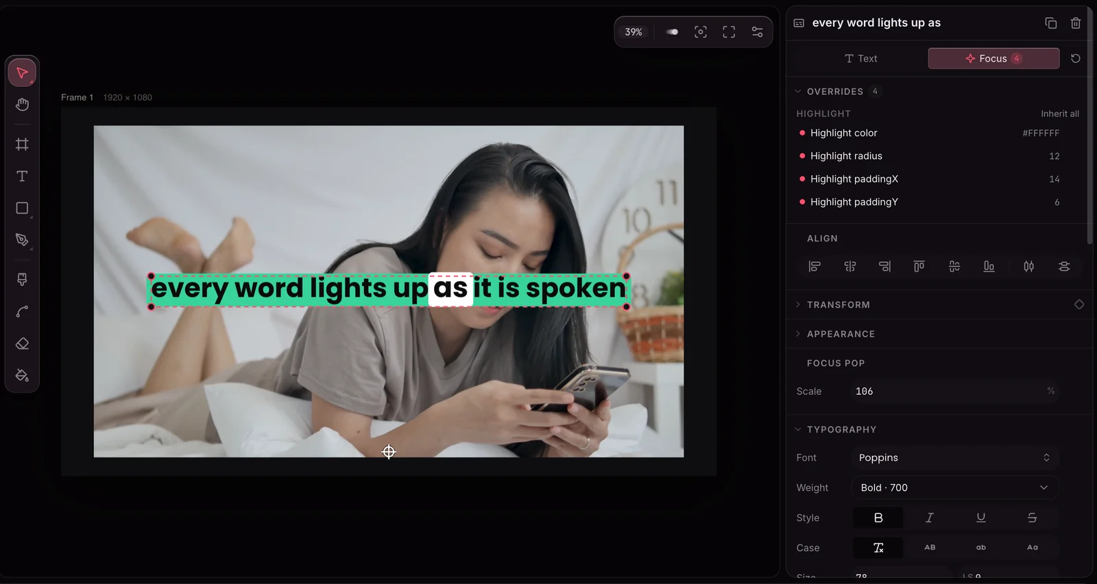 AtomCut inspector on the Focus scope of a caption, four overrides listed (highlight colour, radius, padding) and a Focus pop scale of 106%, while on the canvas the word 'as' is lit white inside a green caption band over a talking-head clip