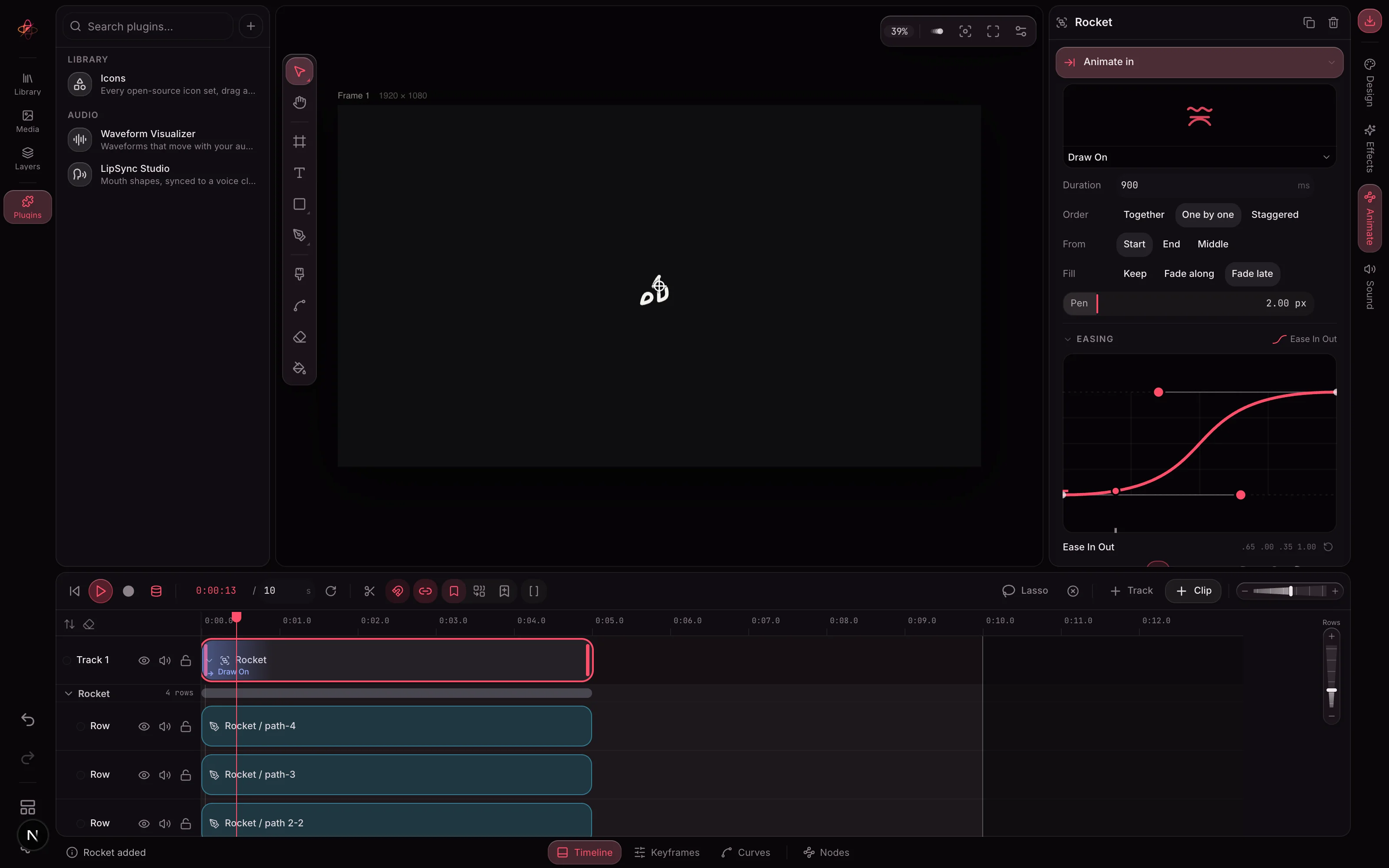 A rocket icon half drawn on the canvas at frame 12, the Animate tab open on the right with Draw On at 900 ms, Order set to One by one, and its ease curve