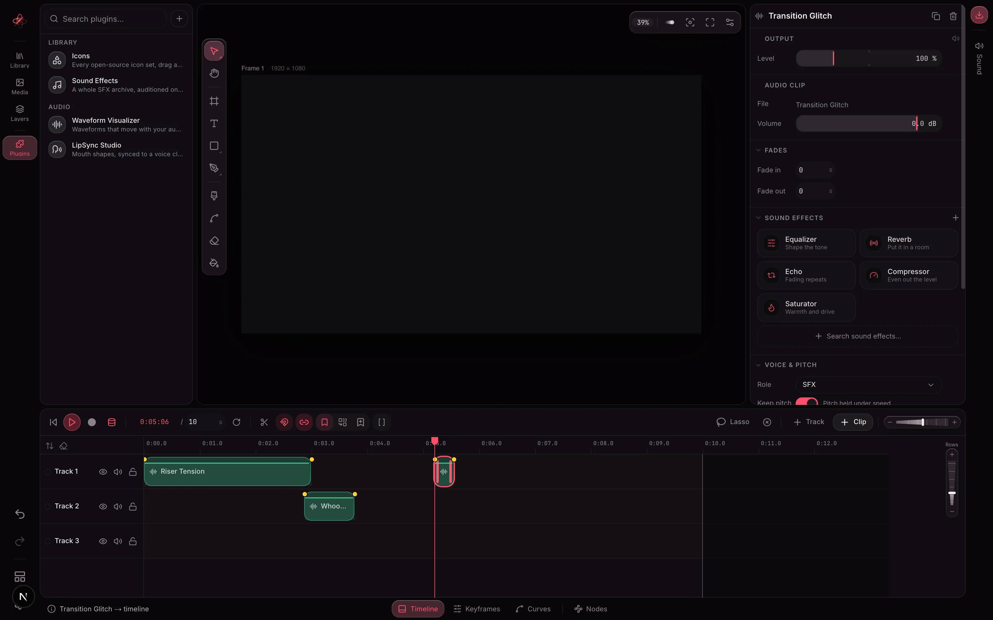 Three audio clips on the AtomCut timeline: Riser Tension, a whoosh, and Transition Glitch selected at the playhead, with the inspector showing volume, fades, the sound effect stack and role SFX