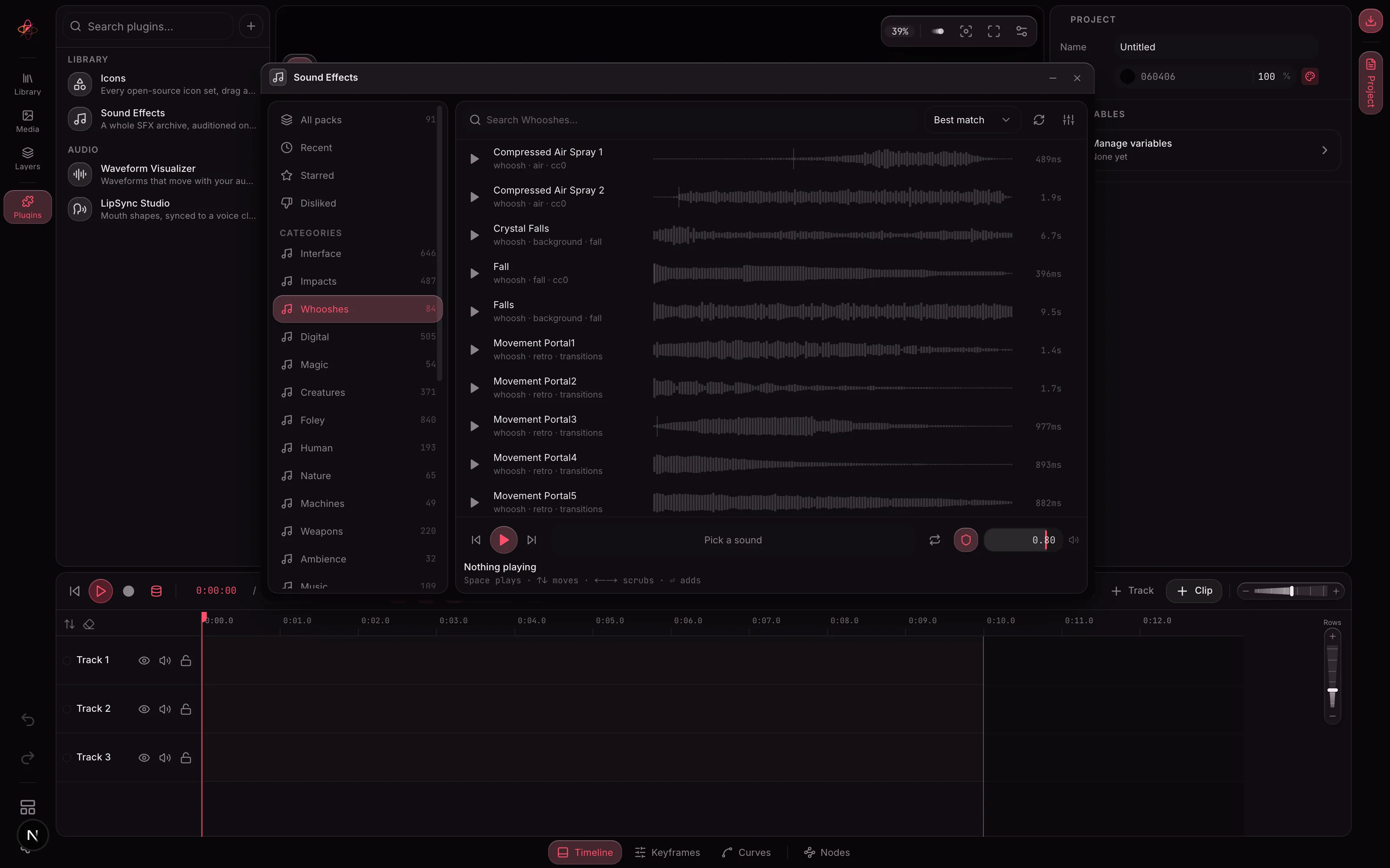 The Whooshes category showing six whoosh sounds drawn from two different packs, each with a waveform and duration