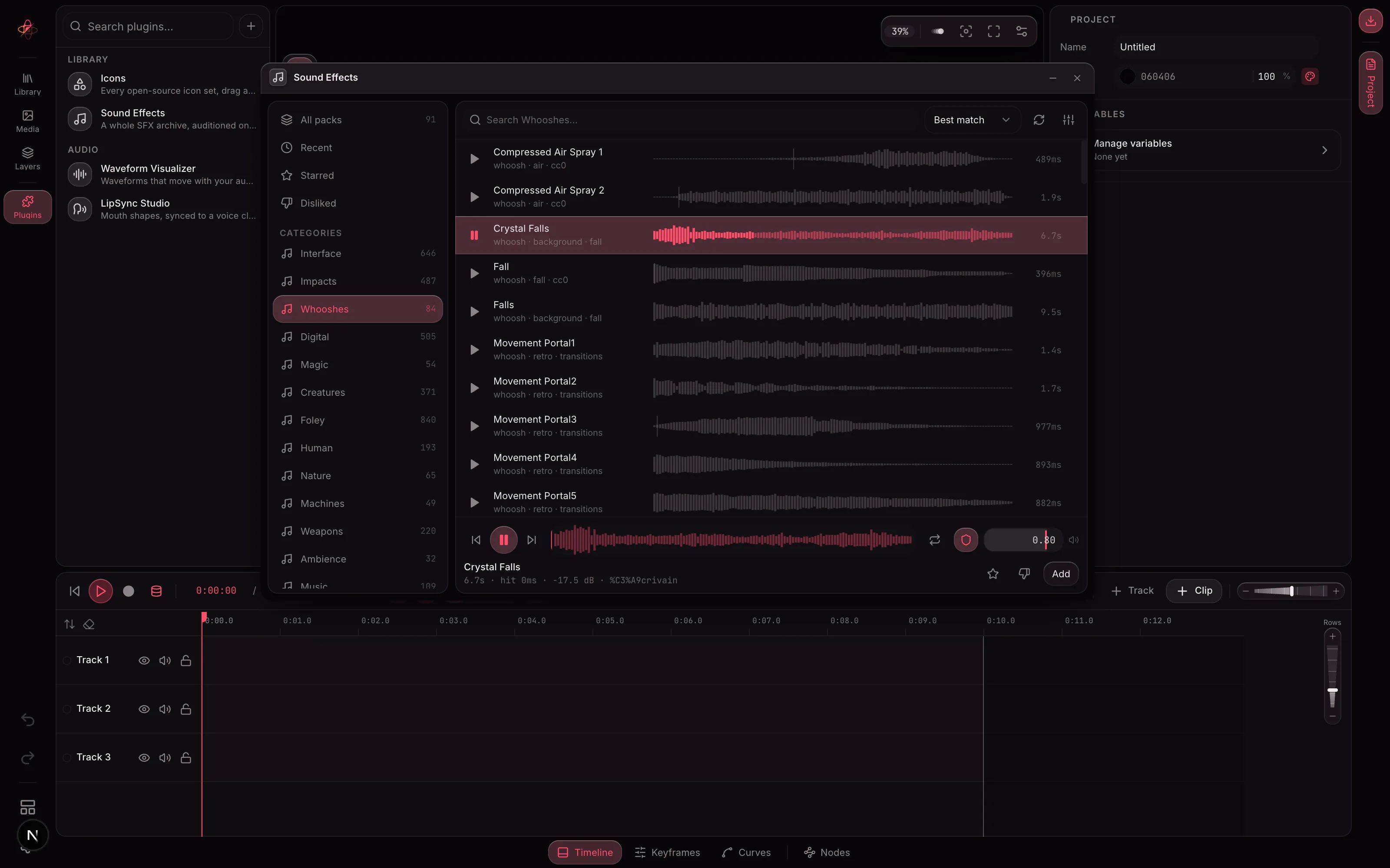 A whoosh playing: the row is highlighted with its waveform swept, and the player below shows the name, 279ms, hit 22ms, -12.2 dB and a shield chip reading minus 6