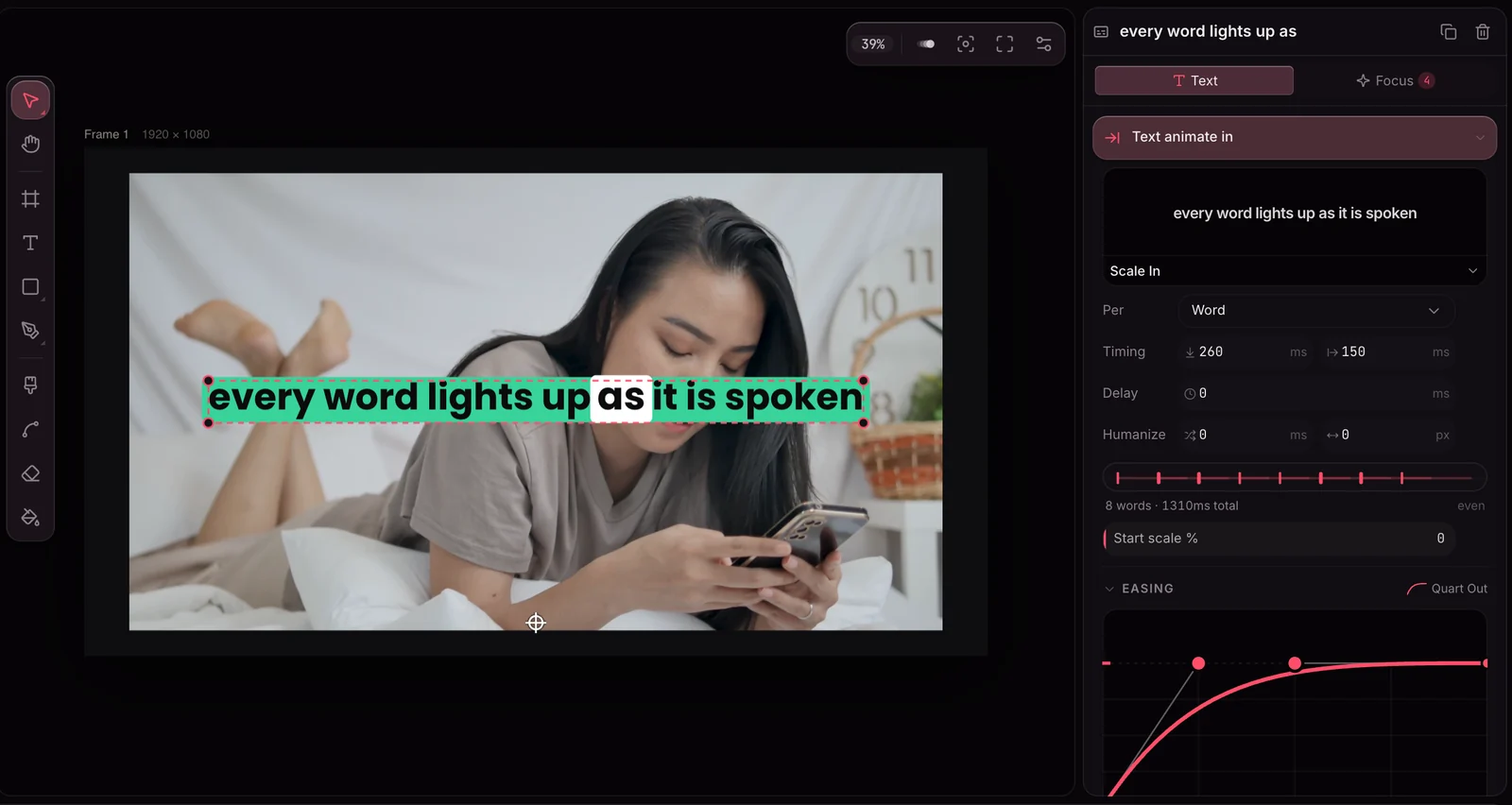 The caption selected on the canvas with the Animate tab open: a Scale In animation per word, 260 ms, with its easing curve