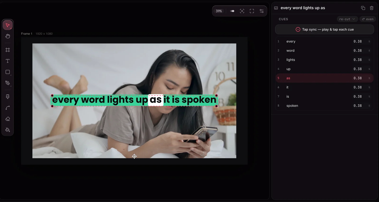 The Cues panel: Tap sync button, re-cut and even controls, and eight word cues with their durations, the fifth one active at the playhead