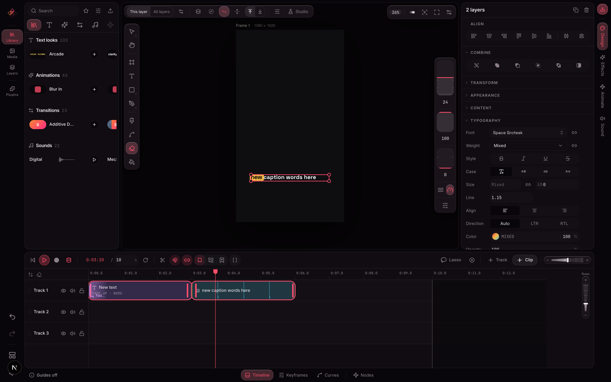 The AtomCut studio: a 9:16 frame on the canvas with a caption whose first word is lit at the playhead, the timeline below with a text clip and a caption clip on one track, and the typography inspector open for the two selected layers