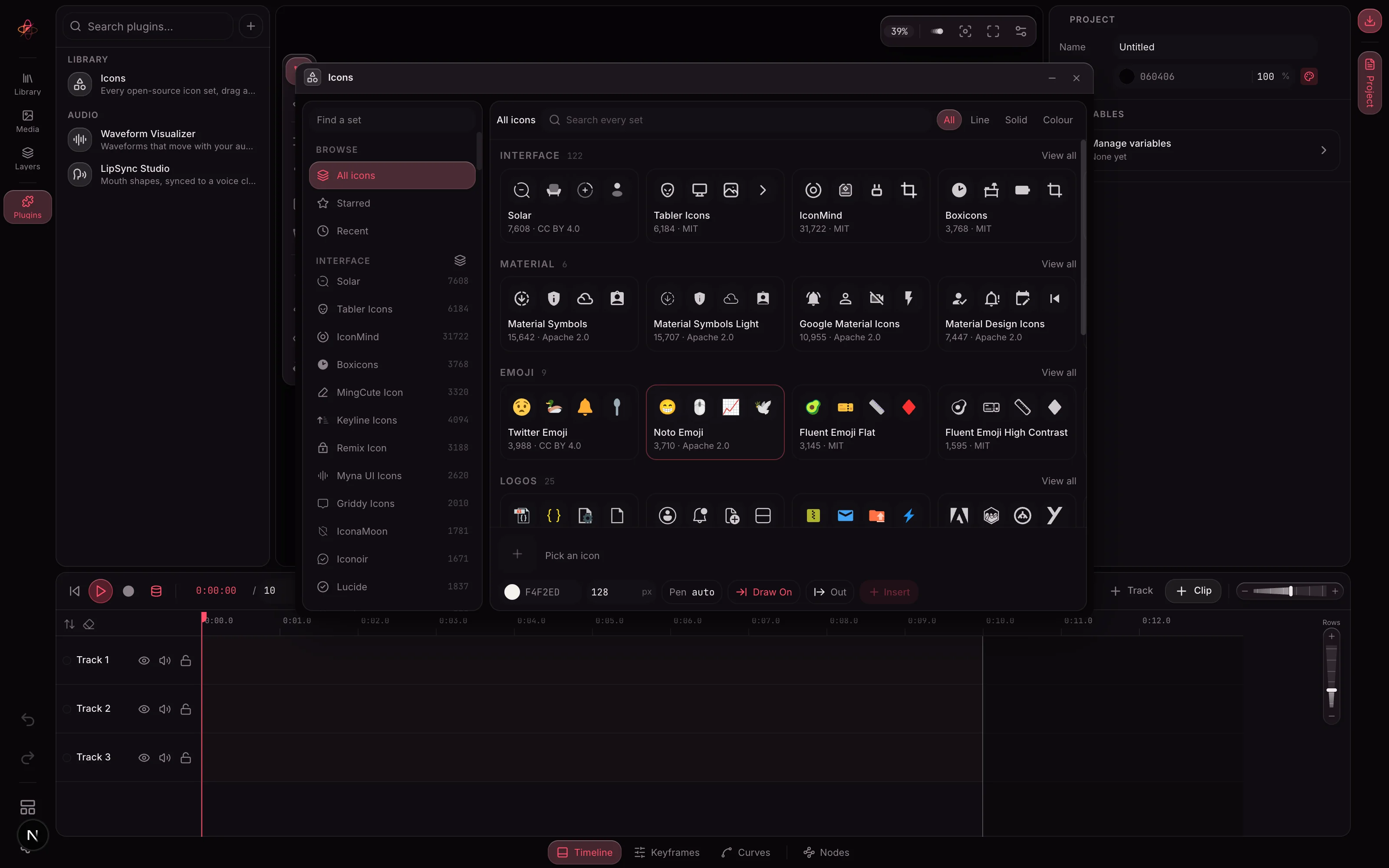 The Icons panel open over the AtomCut studio: a rail of sets on the left, and on the right the families Interface, Material, Emoji and Logos as horizontal rows of set covers, each showing four sample icons, its icon count and its licence