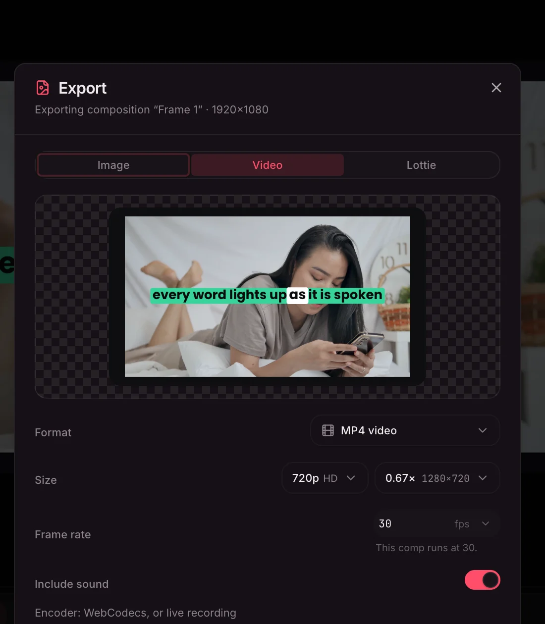 The AtomCut export dialog: Image, Video and Lottie tabs, a preview of a captioned 1920×1080 frame, Format set to MP4 video, Size 720p (1280×720), 30 fps, Include sound on, Encoder: WebCodecs or live recording